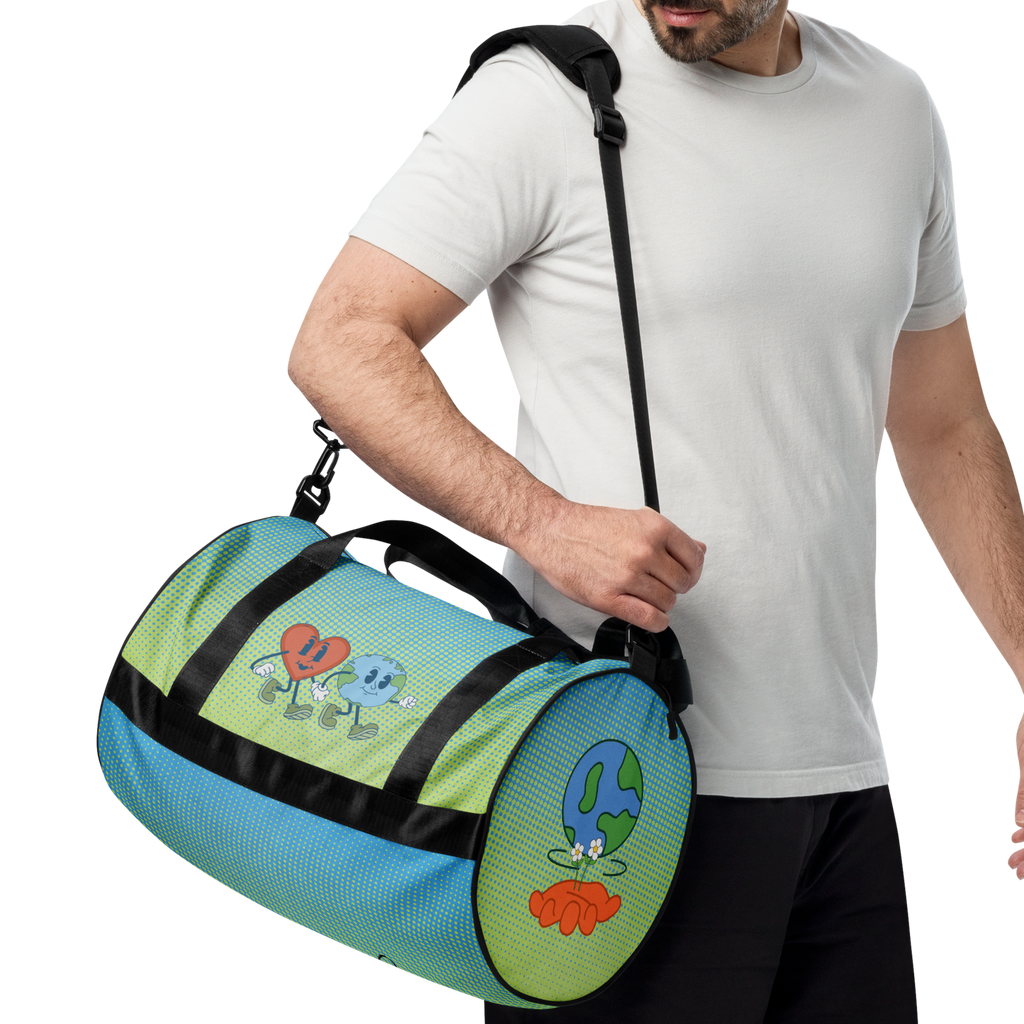 Delightfully Cheery, Colorful, and Whimsical Daisies and Hearts Happy Earth Medium Duffle Bag
