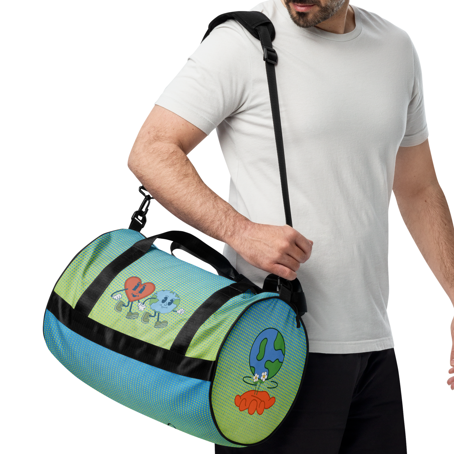 Delightfully Cheery, Colorful, and Whimsical Daisies and Hearts Happy Earth Medium Duffle Bag
