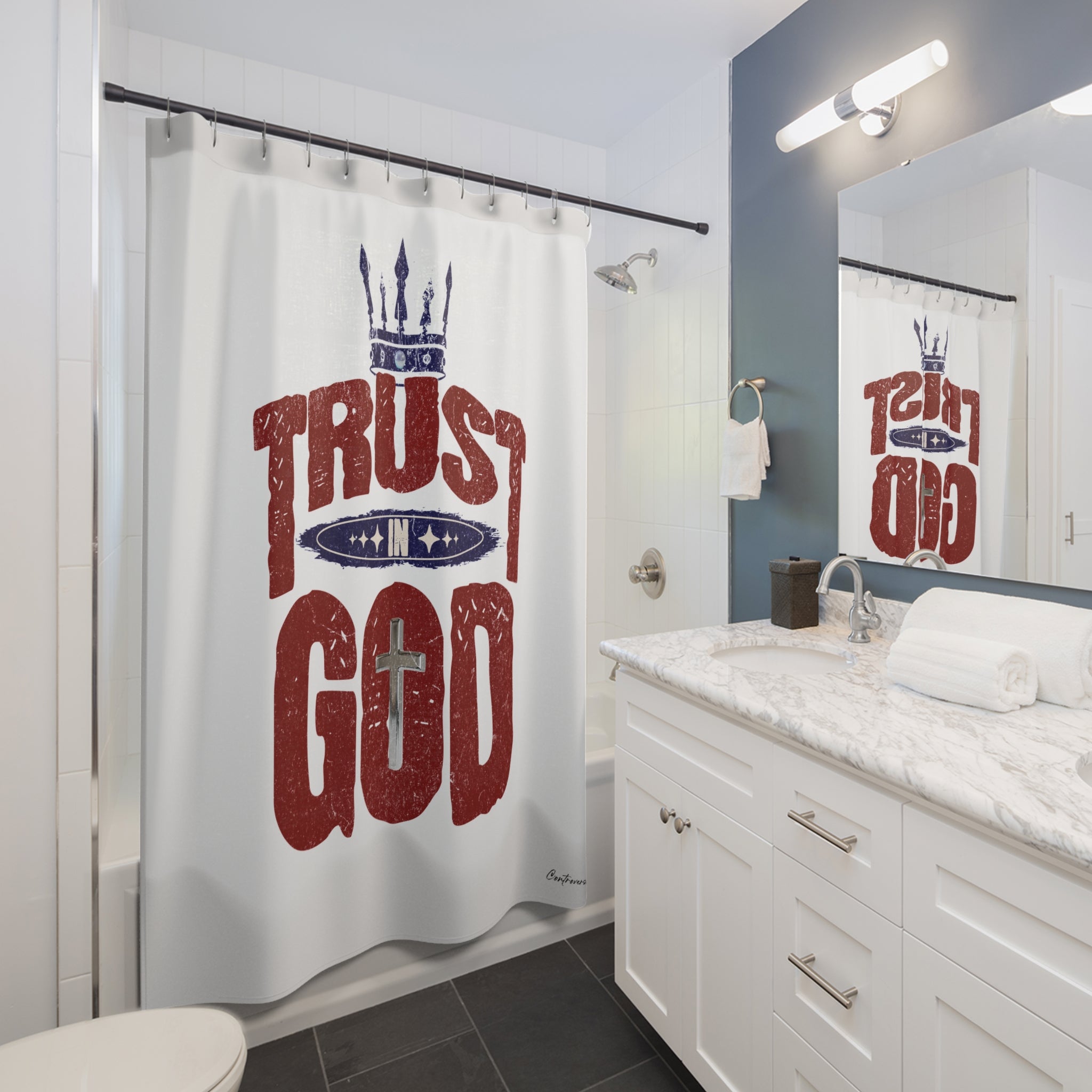 Faithful Praise and Glory Trust in God Chrome Cross & Crown Bathroom Shower Curtain