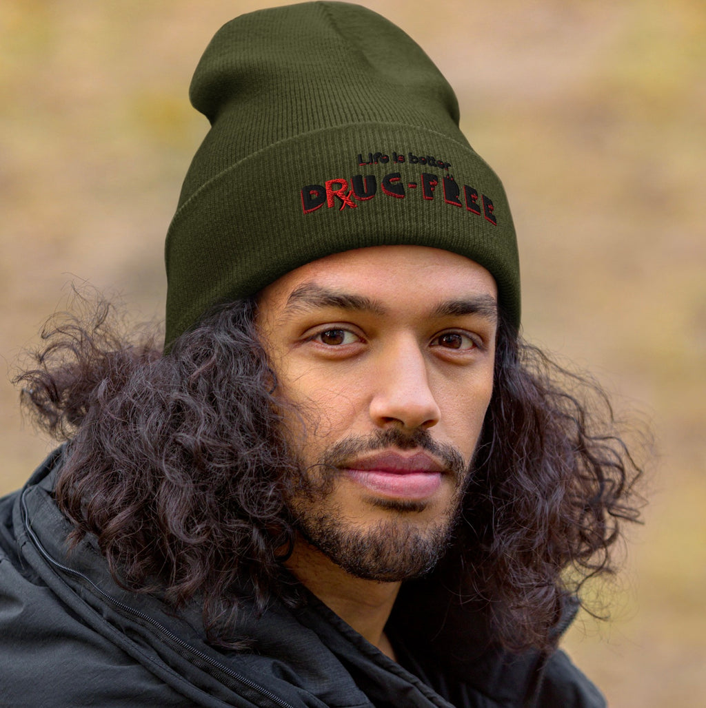 Life is Better Drug Free Embroidered Cuffed Beanie (5 Color options)
