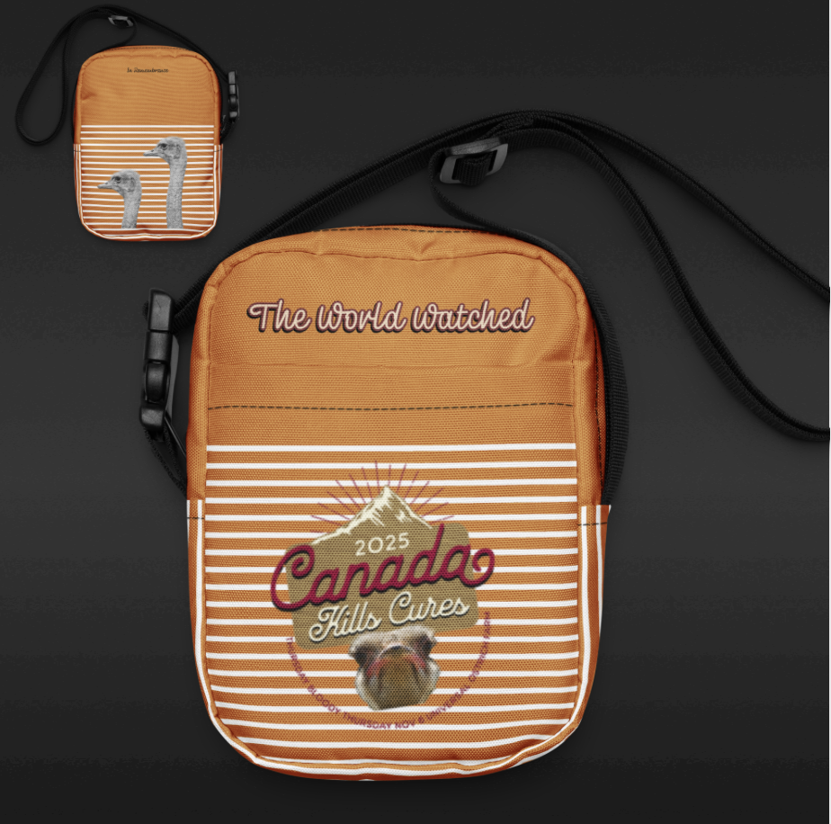 Canada Ostrich Farm Remembrance Crossbody Bag for charity (front, back, interior graphics)