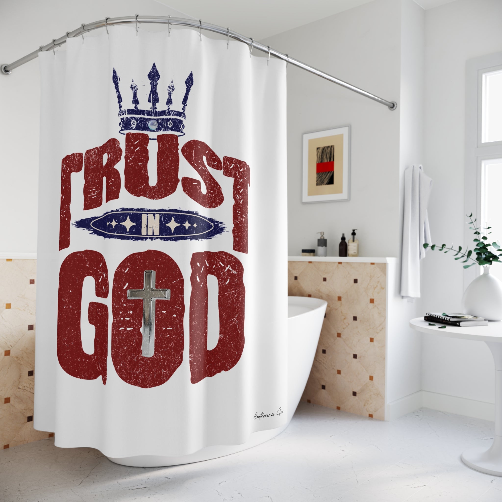 Faithful Praise and Glory Trust in God Chrome Cross & Crown Bathroom Shower Curtain
