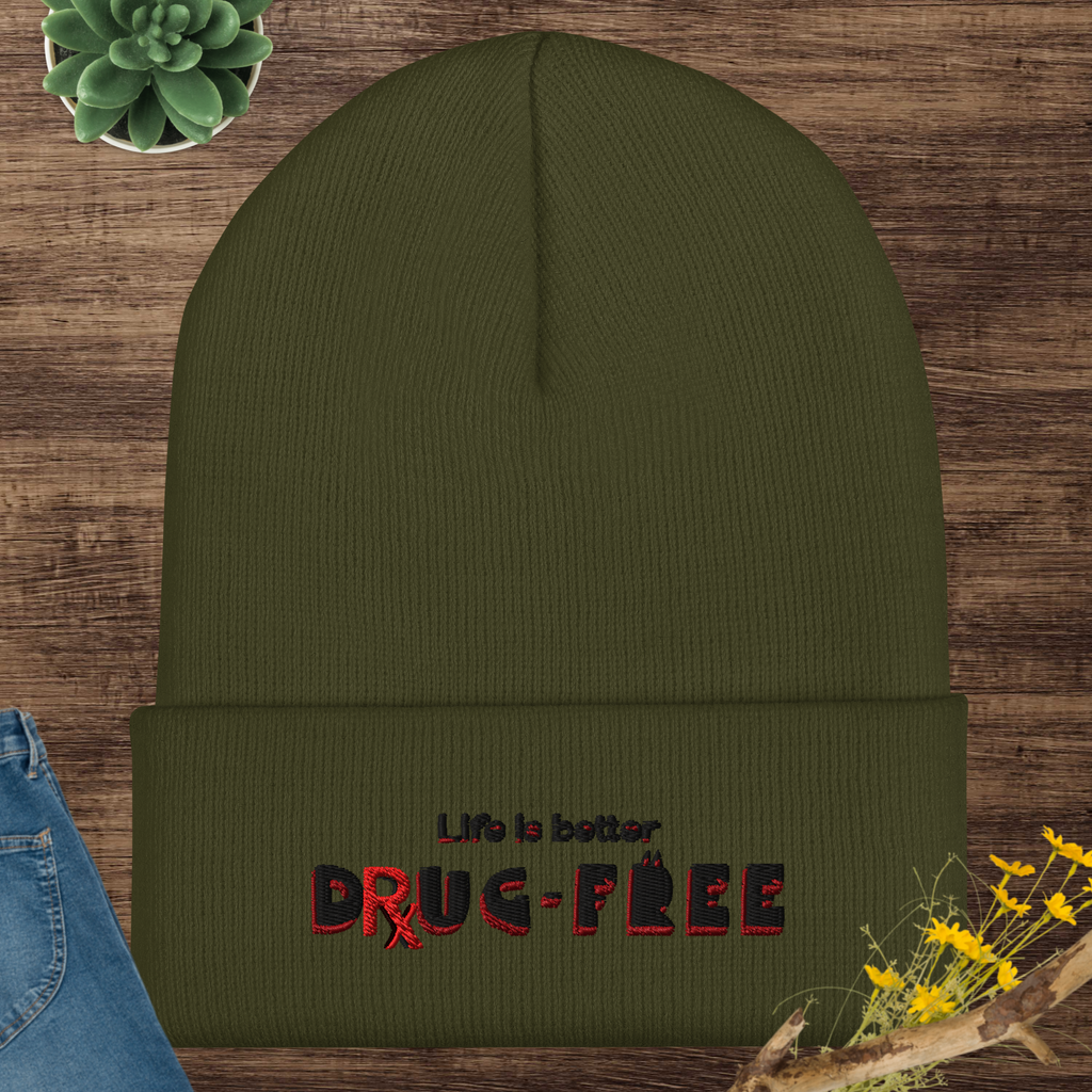 Life is Better Drug Free Embroidered Cuffed Beanie (5 Color options)