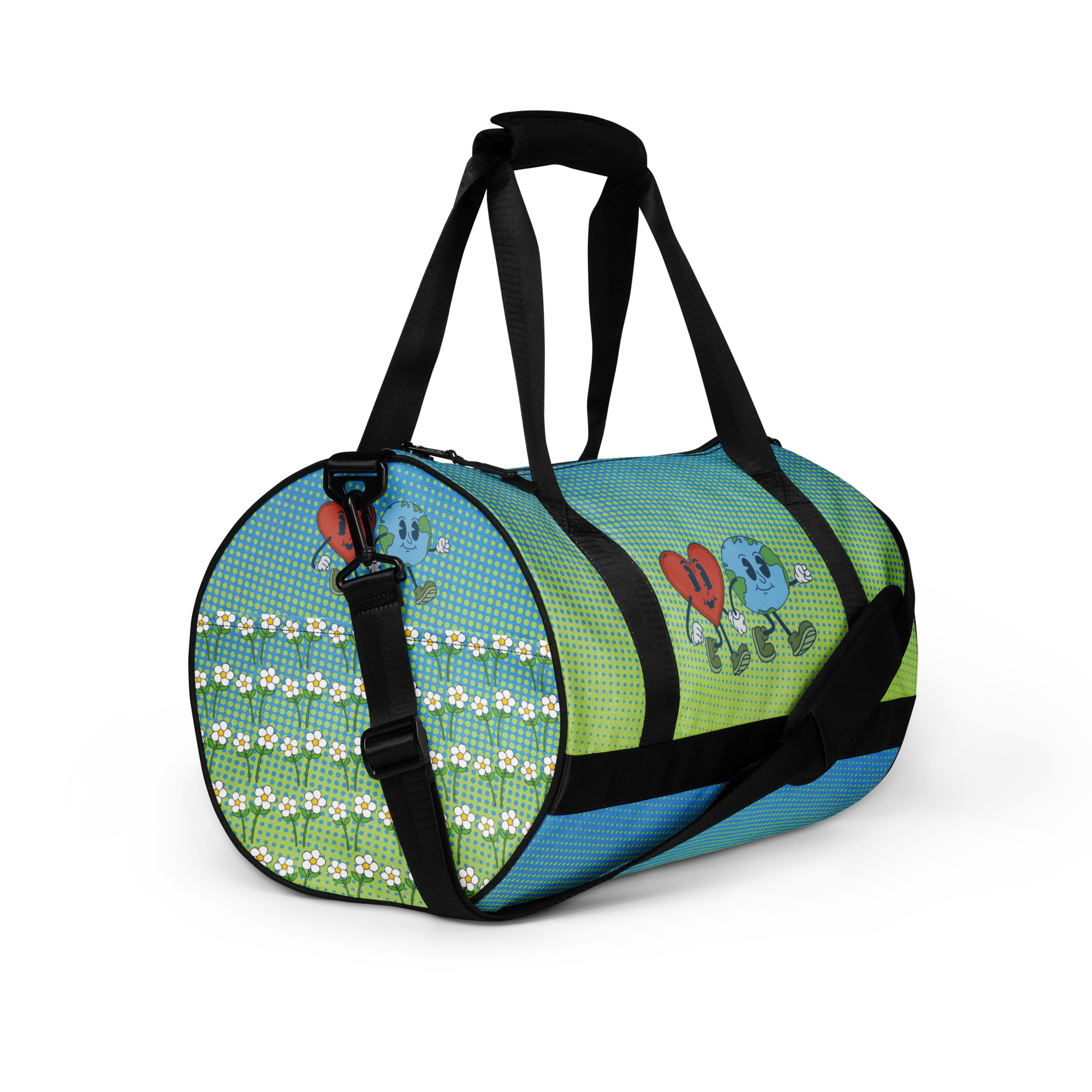 Delightfully Cheery, Colorful, and Whimsical Daisies and Hearts Happy Earth Medium Duffle Bag