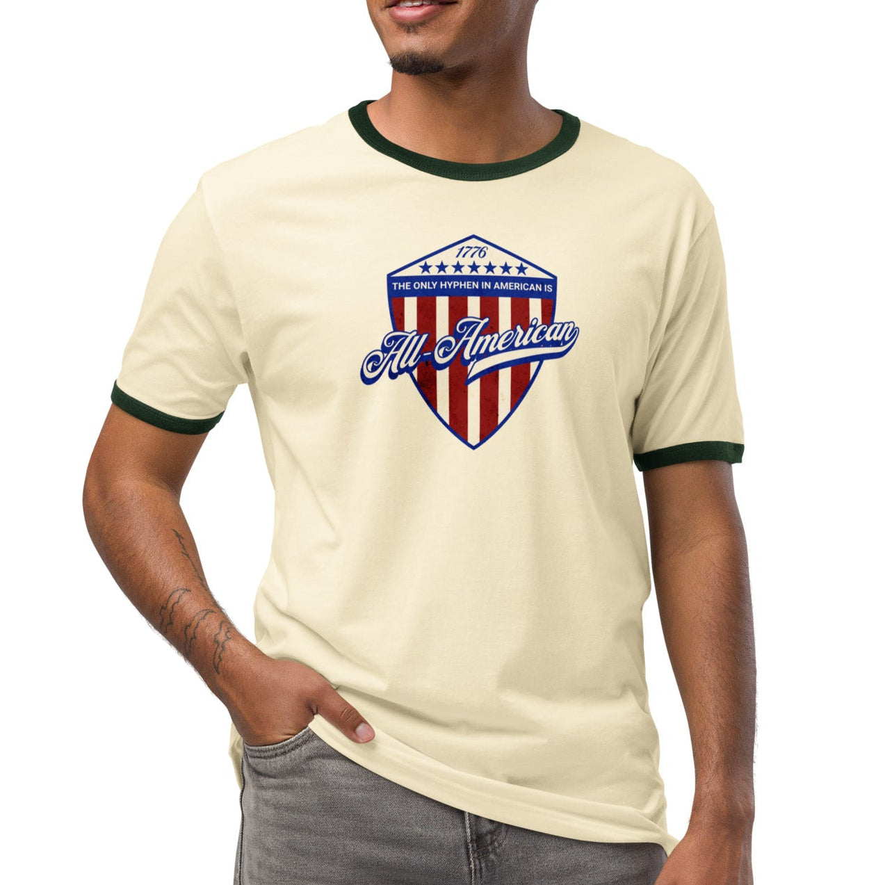 The Only Hyphen in American is All-American Ringer T-Shirt (4 color options) S-2X