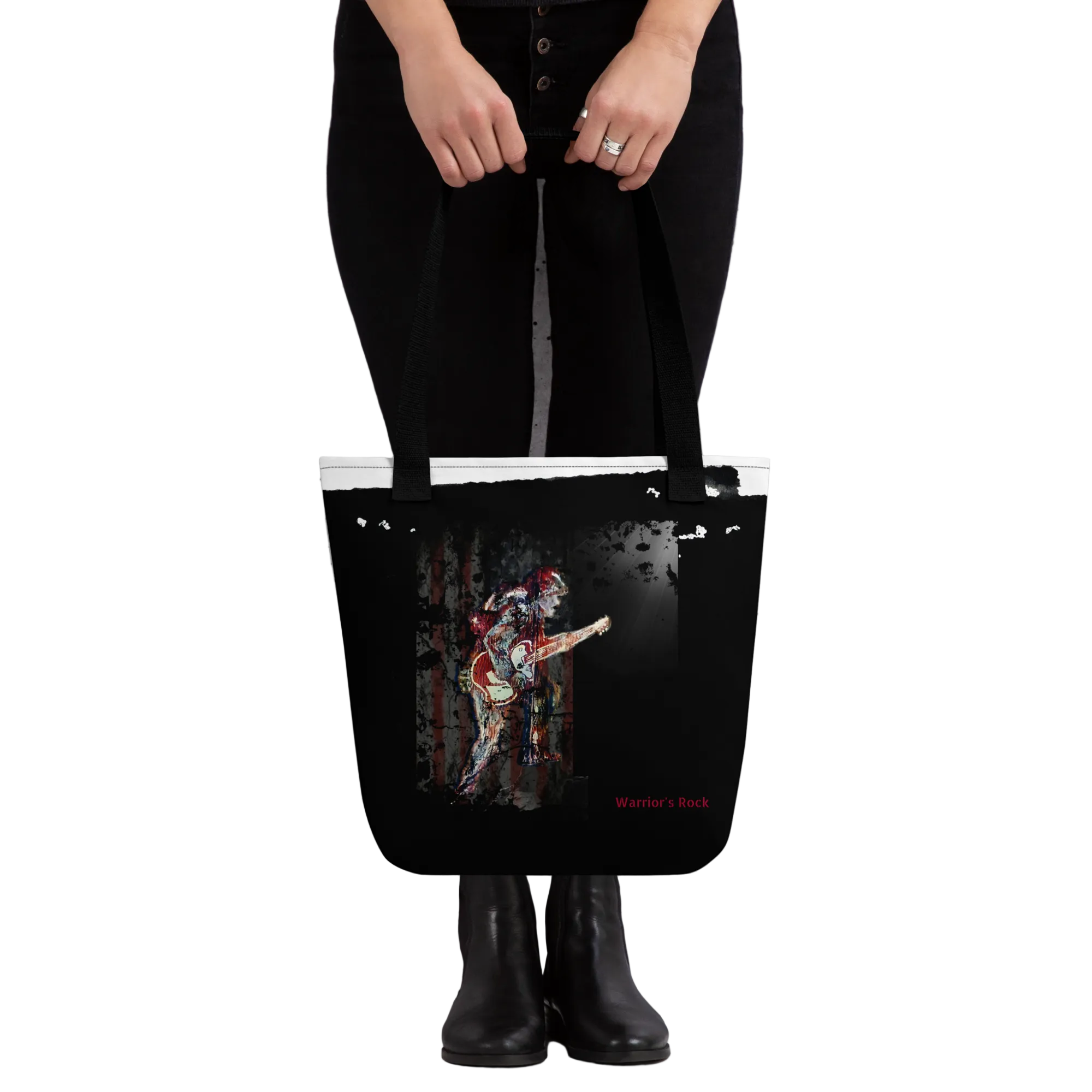 Intensely, Dramatically, Powerful Patriotic Soldier with Guitar Warrior's Rock Medium Tote Bag - 2 COLORS