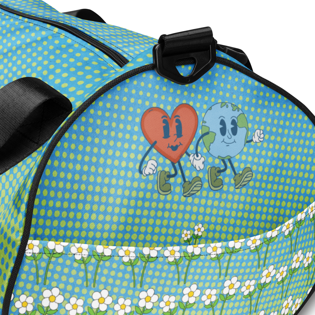 Delightfully Cheery, Colorful, and Whimsical Daisies and Hearts Happy Earth Medium Duffle Bag