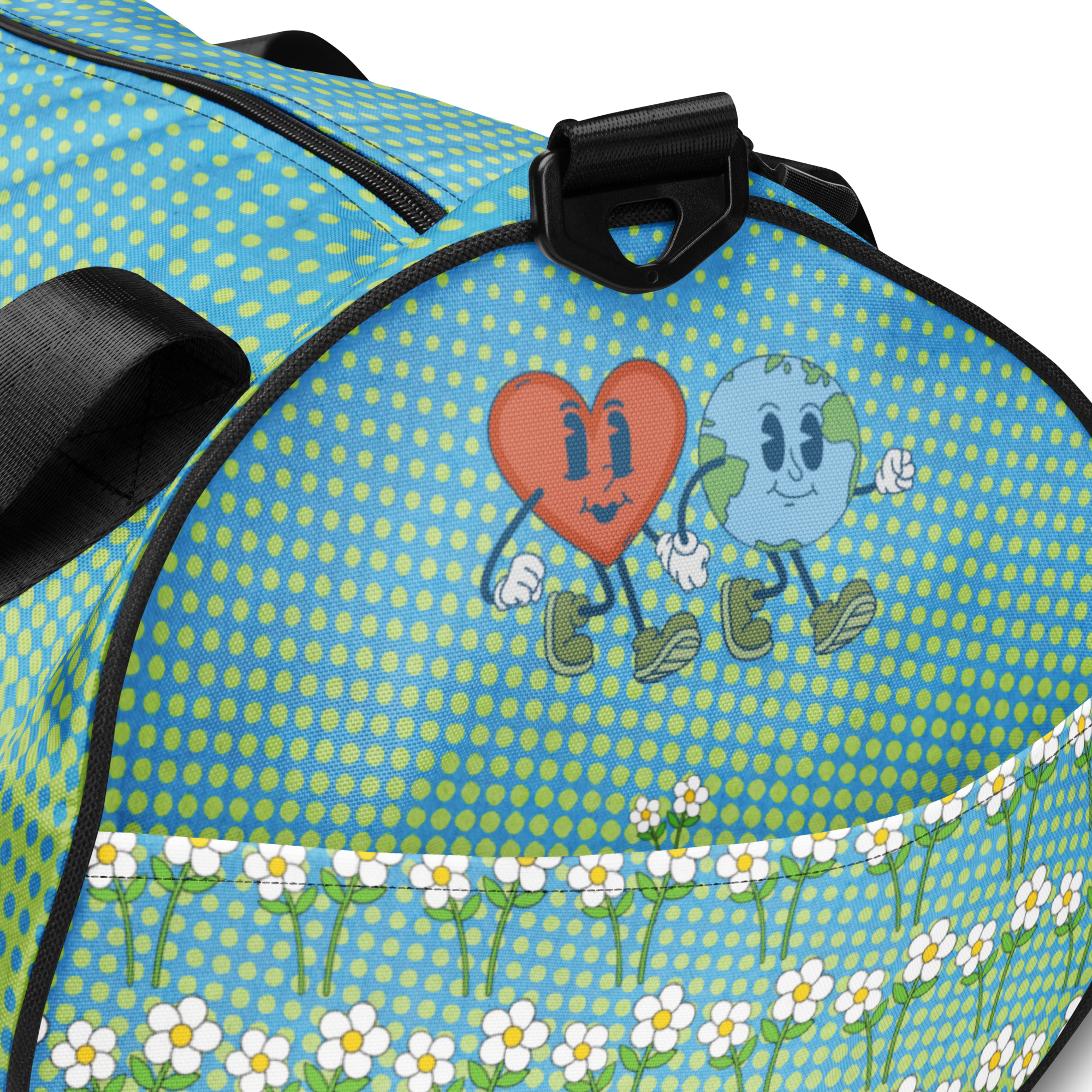 Delightfully Cheery, Colorful, and Whimsical Daisies and Hearts Happy Earth Medium Duffle Bag