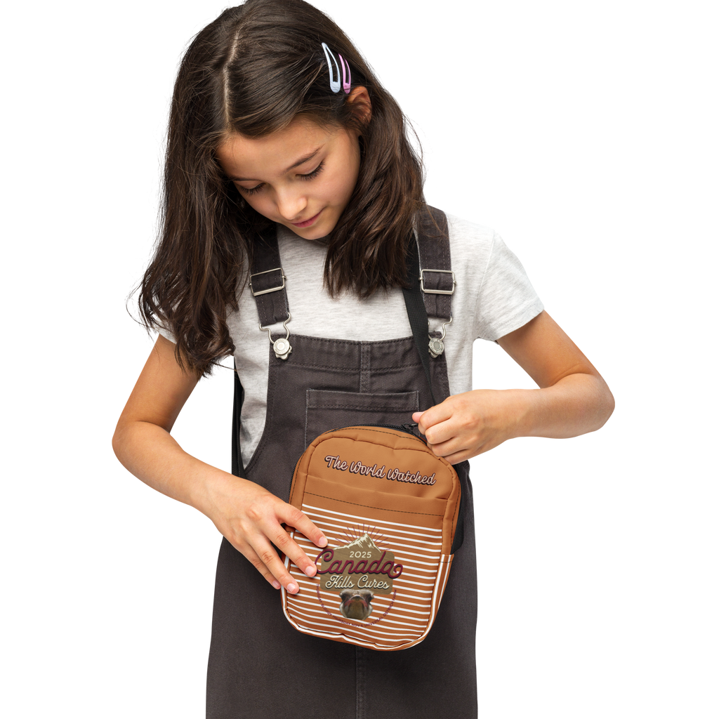 Canada Ostrich Farm Remembrance Crossbody Bag for charity (front, back, interior graphics)