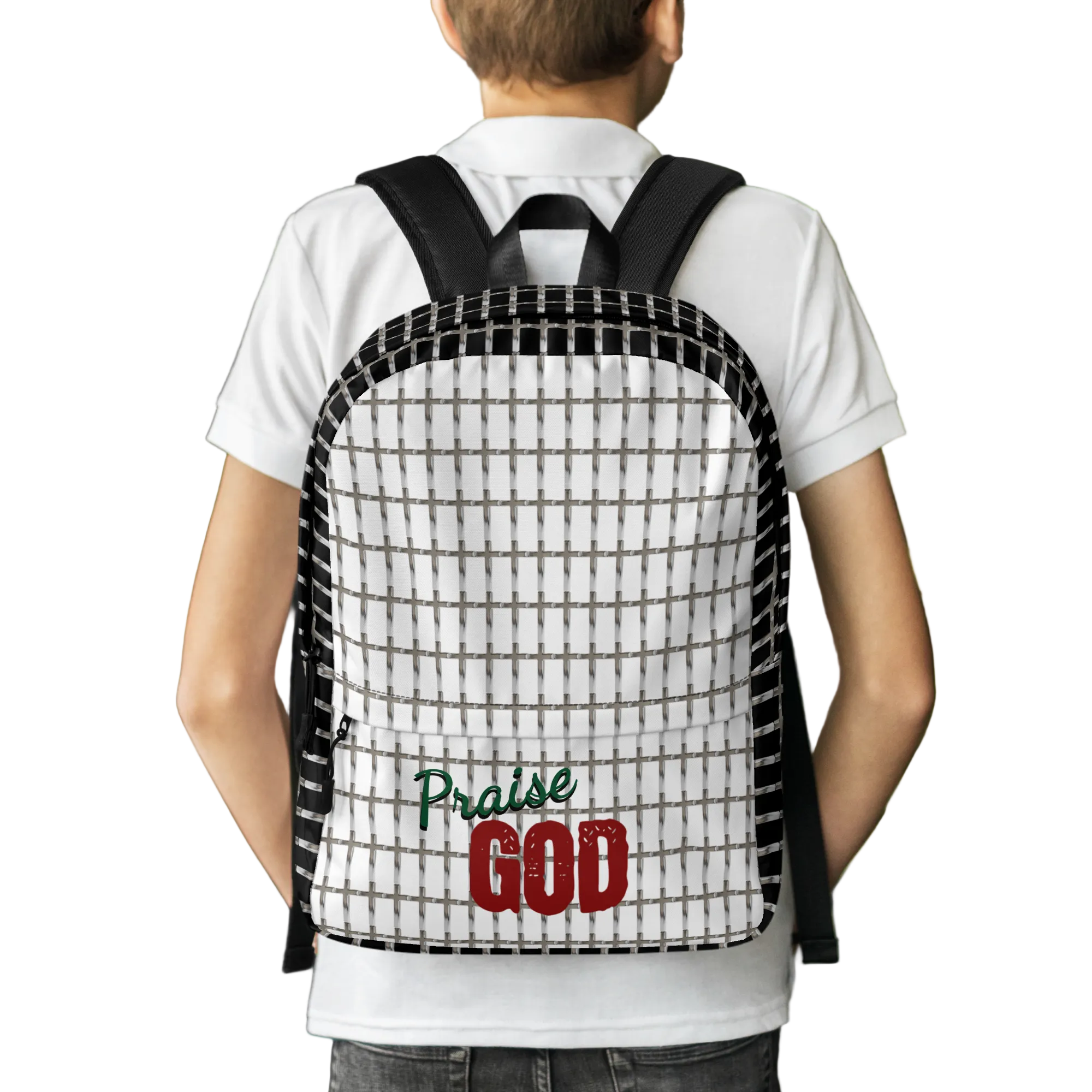 Faithful Prayer, Glory, and Worship Chrome Cross Praise God Medium Backpack Bag