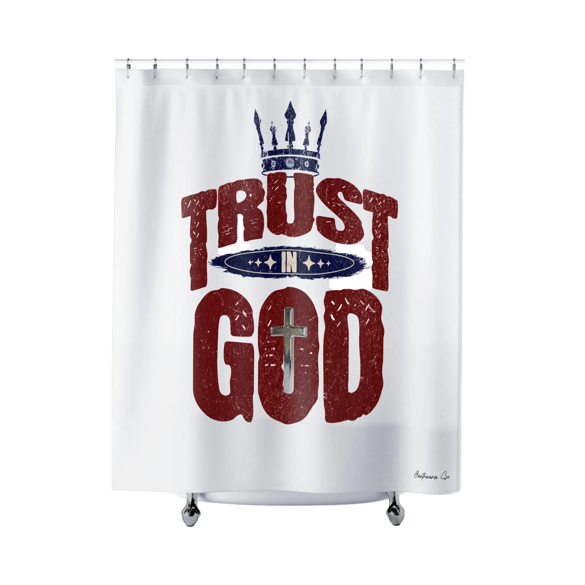 Faithful Praise and Glory Trust in God Chrome Cross & Crown Bathroom Shower Curtain