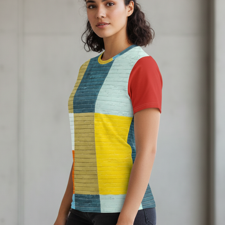 Female wearing Brick Block T-shirt - side angle
