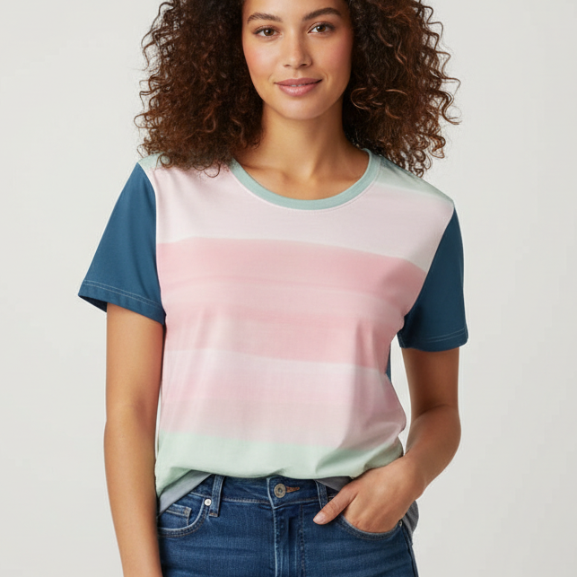 Model wearing Petal Dust t-shirt untucked